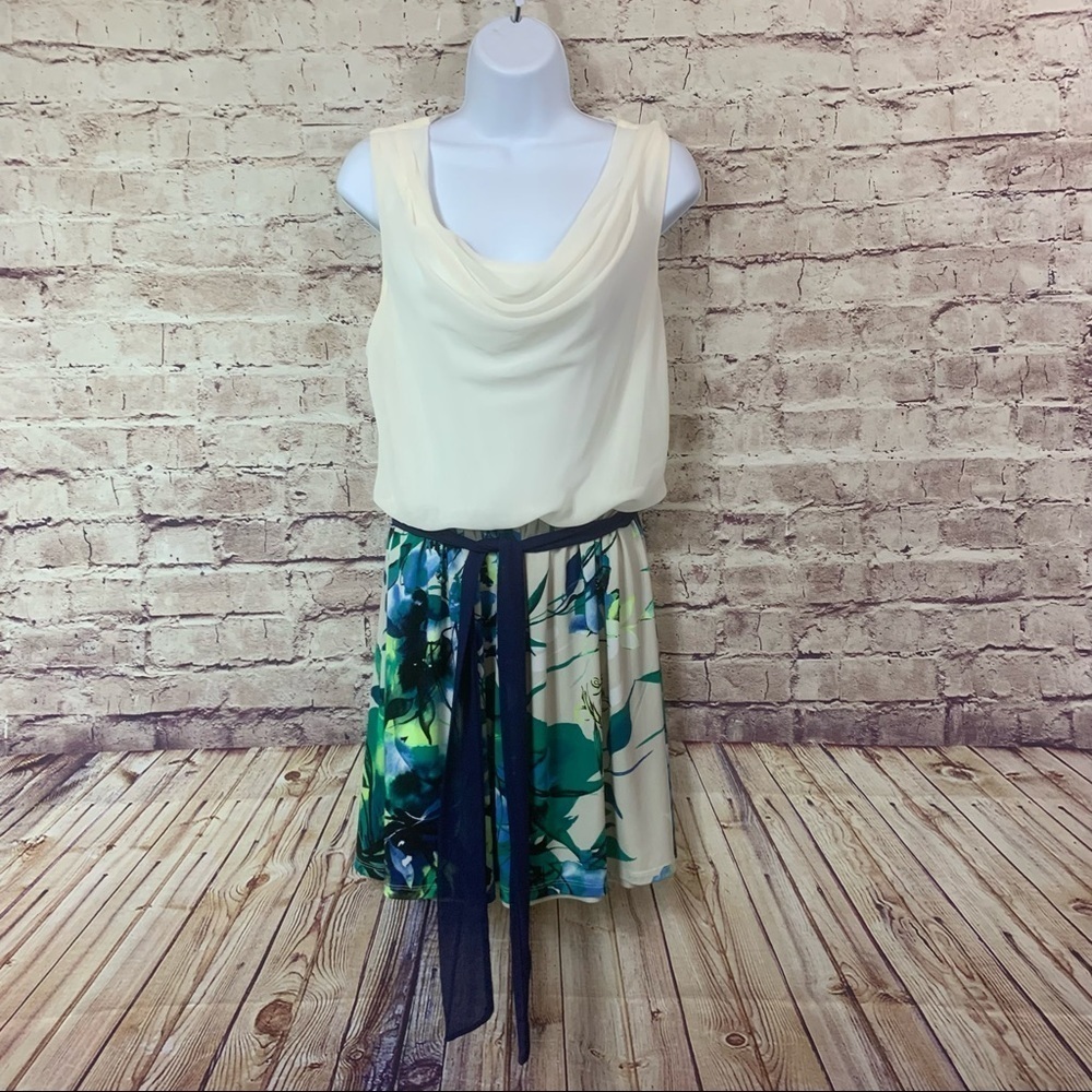 Express Ivory Sheer Draped Neck Floral Sleeveless Dress